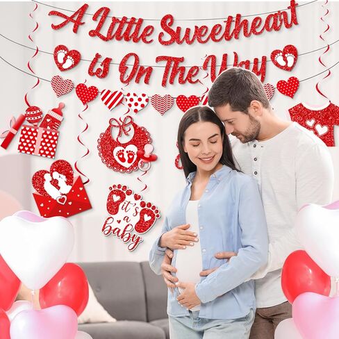 Valentines Baby Shower Decorations, A Little Sweetheart Is On The Way Banner and Red Baby Shower Decorations Hanging Swirls, Sweetheart Decorations for Valentines Day Baby Shower Party in Kuwait
