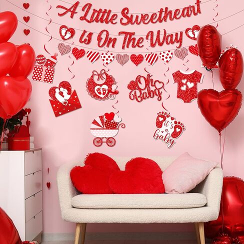 Valentines Baby Shower Decorations, A Little Sweetheart Is On The Way Banner and Red Baby Shower Decorations Hanging Swirls, Sweetheart Decorations for Valentines Day Baby Shower Party in Kuwait