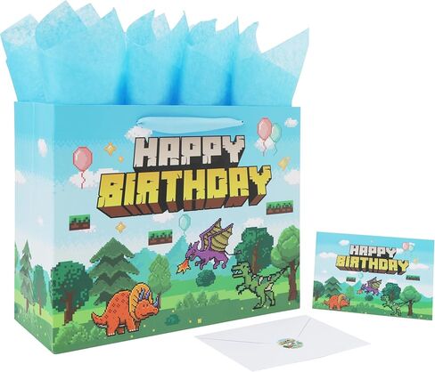 13'' Large Pixel Birthday Gift Bag Set with Handles, Greeting Card, Blue Tissue Papers and Stickers for Boys Kids Teens Men for Birthday, Animation Party, Boy's Party, Baby Shower, Dinosaur Design, 1 Pcs in Saudi Arabia