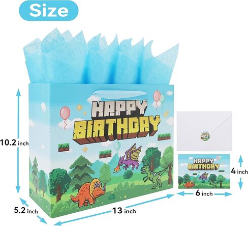 13'' Large Pixel Birthday Gift Bag Set with Handles, Greeting Card, Blue Tissue Papers and Stickers for Boys Kids Teens Men for Birthday, Animation Party, Boy's Party, Baby Shower, Dinosaur Design, 1 Pcs in Saudi Arabia