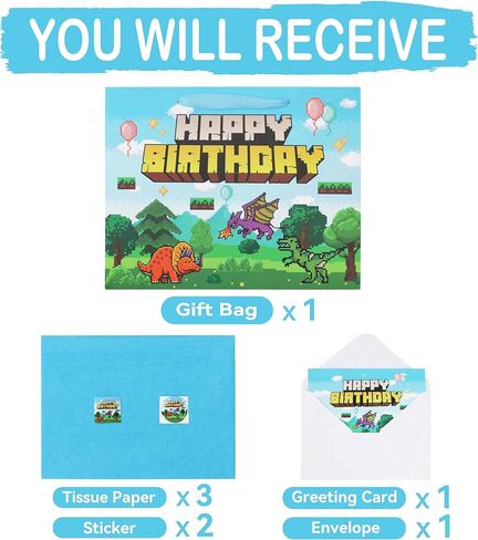 13'' Large Pixel Birthday Gift Bag Set with Handles, Greeting Card, Blue Tissue Papers and Stickers for Boys Kids Teens Men for Birthday, Animation Party, Boy's Party, Baby Shower, Dinosaur Design, 1 Pcs in Saudi Arabia