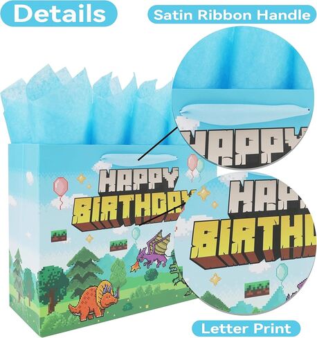 13'' Large Pixel Birthday Gift Bag Set with Handles, Greeting Card, Blue Tissue Papers and Stickers for Boys Kids Teens Men for Birthday, Animation Party, Boy's Party, Baby Shower, Dinosaur Design, 1 Pcs in Saudi Arabia