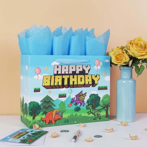 13'' Large Pixel Birthday Gift Bag Set with Handles, Greeting Card, Blue Tissue Papers and Stickers for Boys Kids Teens Men for Birthday, Animation Party, Boy's Party, Baby Shower, Dinosaur Design, 1 Pcs in Saudi Arabia