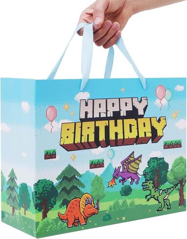 13'' Large Pixel Birthday Gift Bag Set with Handles, Greeting Card, Blue Tissue Papers and Stickers for Boys Kids Teens Men for Birthday, Animation Party, Boy's Party, Baby Shower, Dinosaur Design, 1 Pcs in Saudi Arabia