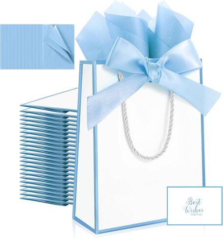 Ethhqu 12 Pack Small Gift Bags with Handles Include Tissue Papers & Cards, 9x7x3.15'' Thank You Gift Bags for Birthday, Baby Shower, Wedding, Bridesmaids, Anniversary (White and Blue) in Saudi Arabia