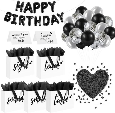 Addblu 5 Senses Gift Bags for Him with Labels Tissue Paper And Handles, 12.6"X8.7"X4" Includes Birthday Decoration Banner, Balloons, Rose Petals & Cards for Him or Her, Husband or Boyfriend (Black with blue lettering) in Saudi Arabia