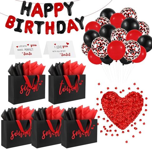 Addblu 5 Senses Gift Bags for Him with Labels Tissue Paper And Handles, 12.6"X8.7"X4" Includes Birthday Decoration Banner, Balloons, Rose Petals & Cards for Him or Her, Husband or Boyfriend (Black with blue lettering) in Saudi Arabia