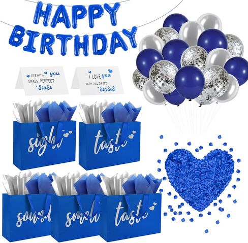 Addblu 5 Senses Gift Bags for Him with Labels Tissue Paper And Handles, 12.6"X8.7"X4" Includes Birthday Decoration Banner, Balloons, Rose Petals & Cards for Him or Her, Husband or Boyfriend (Black with blue lettering) in Saudi Arabia