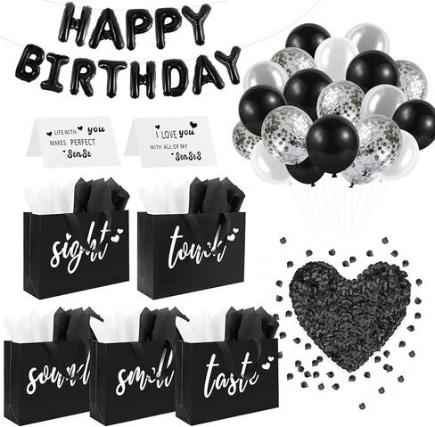Addblu 5 Senses Gift Bags for Him with Labels Tissue Paper And Handles, 12.6"X8.7"X4" Includes Birthday Decoration Banner, Balloons, Rose Petals & Cards for Him or Her, Husband or Boyfriend (Black with blue lettering) in Saudi Arabia