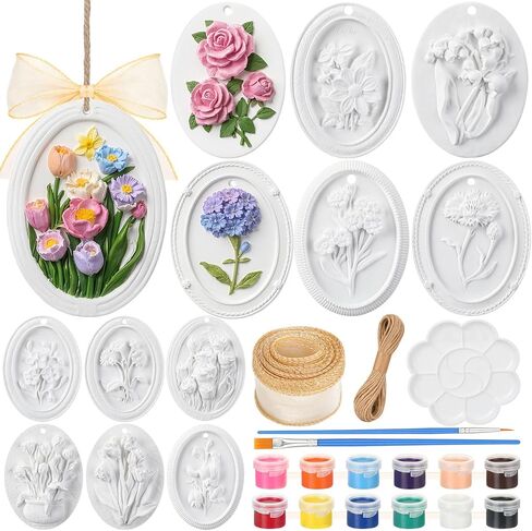 Teyva Daily 12 Sets Flower Ceramic Painting Kit DIY Ceramic to Paint Your Own Flower Unpainted Plaster Figurines with Brushes Color Paints Palette Ribbon Twine Party Favor Christmas for Adult in Kuwait