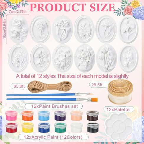 Teyva Daily 12 Sets Flower Ceramic Painting Kit DIY Ceramic to Paint Your Own Flower Unpainted Plaster Figurines with Brushes Color Paints Palette Ribbon Twine Party Favor Christmas for Adult in Kuwait