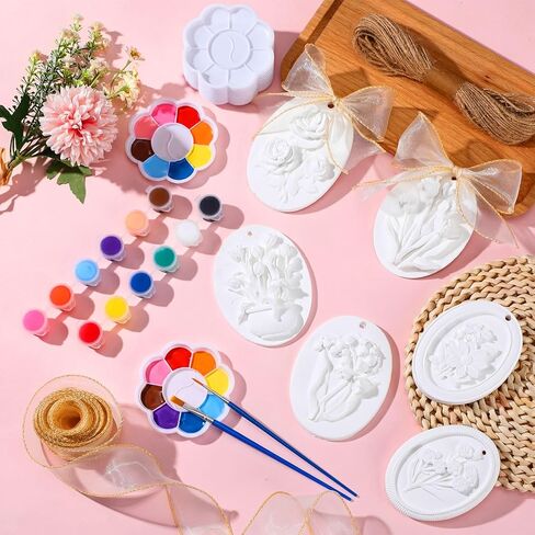 Teyva Daily 12 Sets Flower Ceramic Painting Kit DIY Ceramic to Paint Your Own Flower Unpainted Plaster Figurines with Brushes Color Paints Palette Ribbon Twine Party Favor Christmas for Adult in Kuwait
