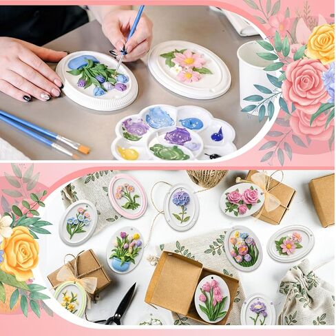 Teyva Daily 12 Sets Flower Ceramic Painting Kit DIY Ceramic to Paint Your Own Flower Unpainted Plaster Figurines with Brushes Color Paints Palette Ribbon Twine Party Favor Christmas for Adult in Kuwait