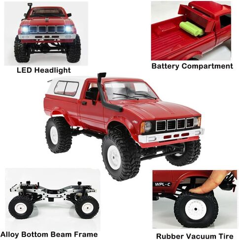 GoolRC RC Truck, WPL C24 RC Crawler 1/16 Scale Remote Control Car, 4WD All Terrain Off Road Pickup Truck, 2.4GHz RC Climbing Car with LED Light, 2 Batteries for Adults (Red) in Saudi Arabia