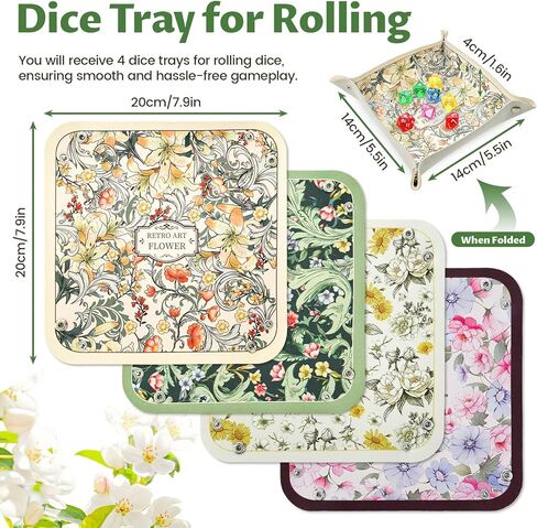 4 Pack Dice Tray for Rolling, Vintage Flower Folding Dice Box Tabletop Mat, PU Leather Board Game Storage Holder for DND Accessories in Saudi Arabia