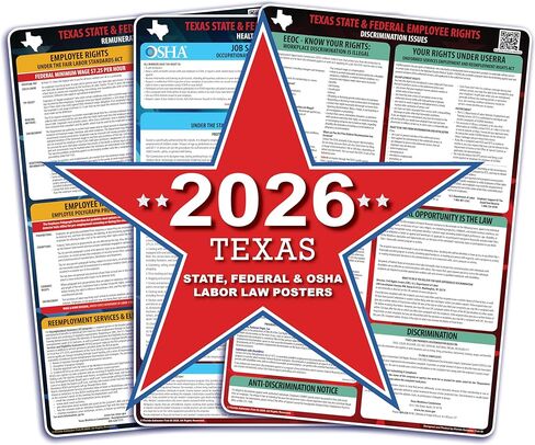 ملصق قانون العمل في تكساس 2026 - ملصقات قانون العمل المطلوبة على مستوى الولاية والفيدرالية والمتوافقة مع إدارة السلامة والصحة المهنية في تكساس | 12 × 18 (3 عبوات) in Kuwait