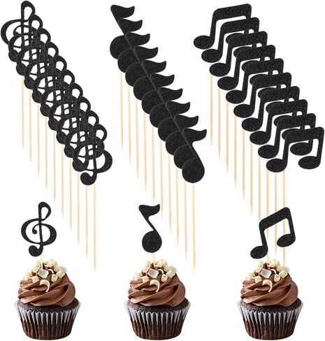 30 PCS Music Notes Cupcake Toppers, Black Musical Notes Cupcake Picks Musical Symbols Cake Decoration Music Theme Party Decorations with Wooden Toothpicks for Birthday Wedding Party in Saudi Arabia
