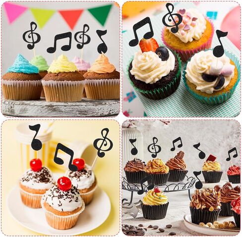 30 PCS Music Notes Cupcake Toppers, Black Musical Notes Cupcake Picks Musical Symbols Cake Decoration Music Theme Party Decorations with Wooden Toothpicks for Birthday Wedding Party in Saudi Arabia