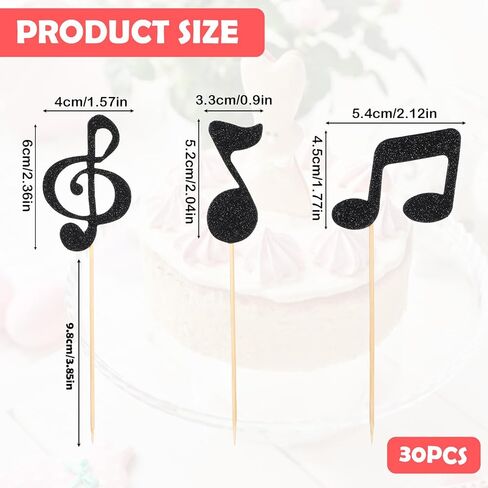 30 PCS Music Notes Cupcake Toppers, Black Musical Notes Cupcake Picks Musical Symbols Cake Decoration Music Theme Party Decorations with Wooden Toothpicks for Birthday Wedding Party in Saudi Arabia