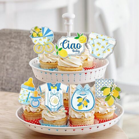 24Pcs Lemon Ciao Baby Shower Cupcake Toppers - Glitter Lemon Ciao Baby Shower Party Decorations for Birthday Italian Theme Cake Décor in Kuwait