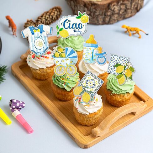 24Pcs Lemon Ciao Baby Shower Cupcake Toppers - Glitter Lemon Ciao Baby Shower Party Decorations for Birthday Italian Theme Cake Décor in Kuwait