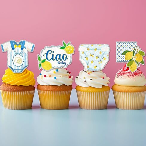 24Pcs Lemon Ciao Baby Shower Cupcake Toppers - Glitter Lemon Ciao Baby Shower Party Decorations for Birthday Italian Theme Cake Décor in Kuwait