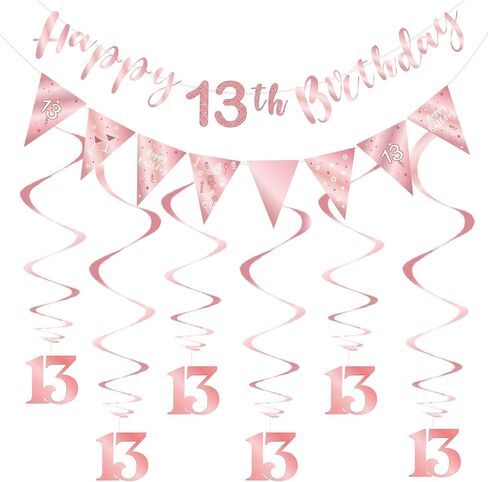 Rose Gold 13th Birthday Decoration for Girls, Happy 13th Birthday Banner Bunting Swirls, Triangle Flag Banner for 13 Birthday Party Decorations Supplies in Saudi Arabia