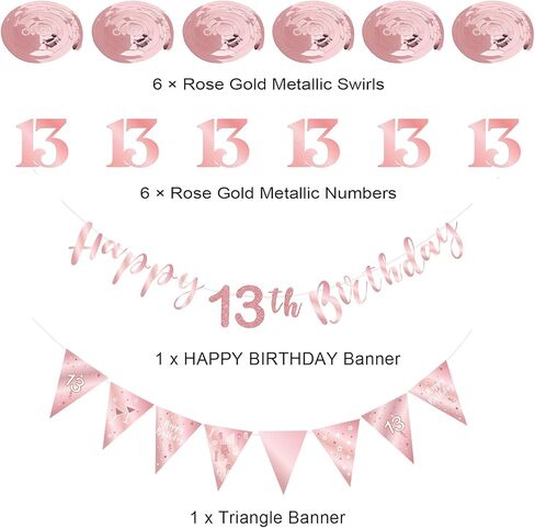 Rose Gold 13th Birthday Decoration for Girls, Happy 13th Birthday Banner Bunting Swirls, Triangle Flag Banner for 13 Birthday Party Decorations Supplies in Saudi Arabia