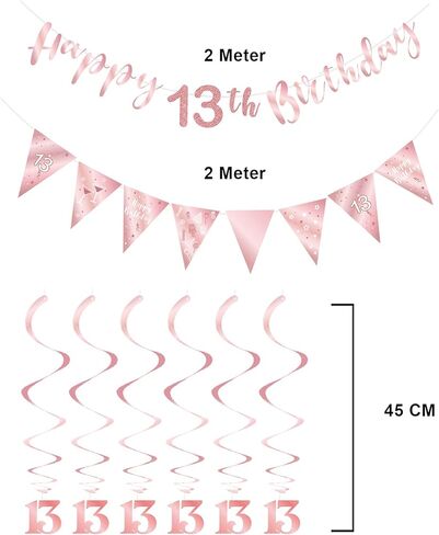 Rose Gold 13th Birthday Decoration for Girls, Happy 13th Birthday Banner Bunting Swirls, Triangle Flag Banner for 13 Birthday Party Decorations Supplies in Saudi Arabia