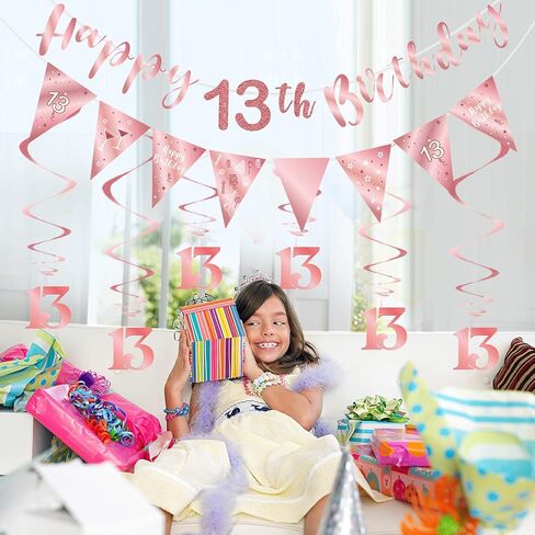 Rose Gold 13th Birthday Decoration for Girls, Happy 13th Birthday Banner Bunting Swirls, Triangle Flag Banner for 13 Birthday Party Decorations Supplies in Saudi Arabia
