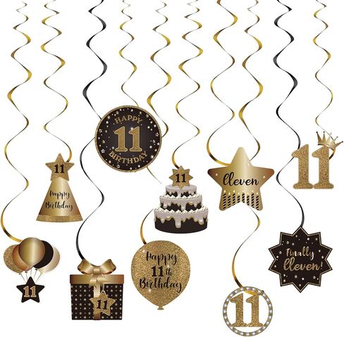 BRT Bearingshui Happy 11th Birthday Hanging Swirls Streams Ceiling Decorations, Celebration 11 Foil Hanging Swirls with Cutouts for 11 Years Old Black and Gold Birthday Party Decorations Supplies in Saudi Arabia