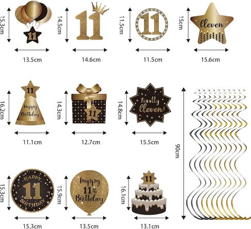 BRT Bearingshui Happy 11th Birthday Hanging Swirls Streams Ceiling Decorations, Celebration 11 Foil Hanging Swirls with Cutouts for 11 Years Old Black and Gold Birthday Party Decorations Supplies in Saudi Arabia