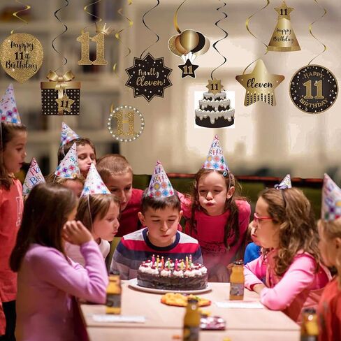 BRT Bearingshui Happy 11th Birthday Hanging Swirls Streams Ceiling Decorations, Celebration 11 Foil Hanging Swirls with Cutouts for 11 Years Old Black and Gold Birthday Party Decorations Supplies in Saudi Arabia