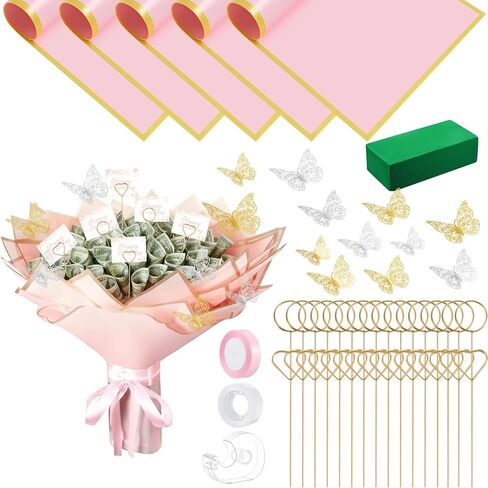 Valentine's Day Bouquet Kit DIY Money Flower Accessories 5 Sheets Flower Wrapping Paper with 40 Card Holder 24 Butterfly Decor Floral Foam Block Ribbon Tape Dispenser for Anniversary Birthday Gift in Saudi Arabia