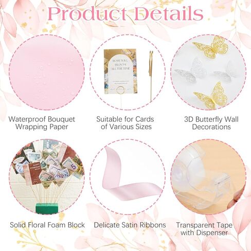 Valentine's Day Bouquet Kit DIY Money Flower Accessories 5 Sheets Flower Wrapping Paper with 40 Card Holder 24 Butterfly Decor Floral Foam Block Ribbon Tape Dispenser for Anniversary Birthday Gift in Saudi Arabia