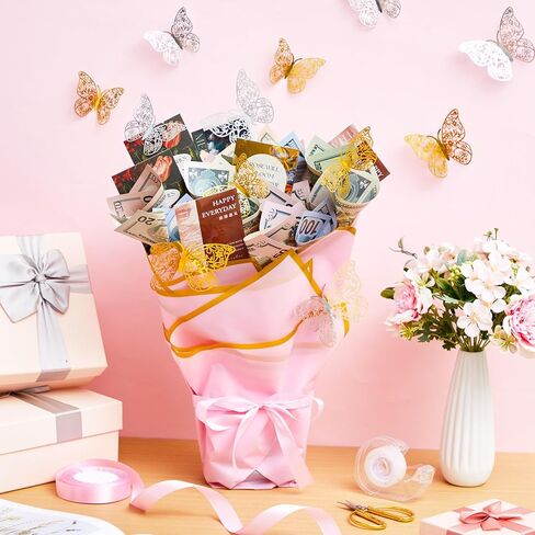 Valentine's Day Bouquet Kit DIY Money Flower Accessories 5 Sheets Flower Wrapping Paper with 40 Card Holder 24 Butterfly Decor Floral Foam Block Ribbon Tape Dispenser for Anniversary Birthday Gift in Saudi Arabia
