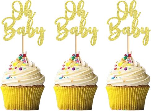 24Pack Oh Baby Cupcake Toppers Glamorous Glitter Baby Shower Cupcake Picks Decorations for Celebrating Kids Birthday Party Supplies Gold in Saudi Arabia