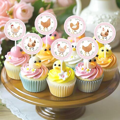 Cheereveal Chicken Birthday Party Decorations, 24pcs Chick Theme Cupcake Toppers Pink, Barnyard Farm Animal Theme Birthday Baby Shower Party Supplies for Girls in Saudi Arabia