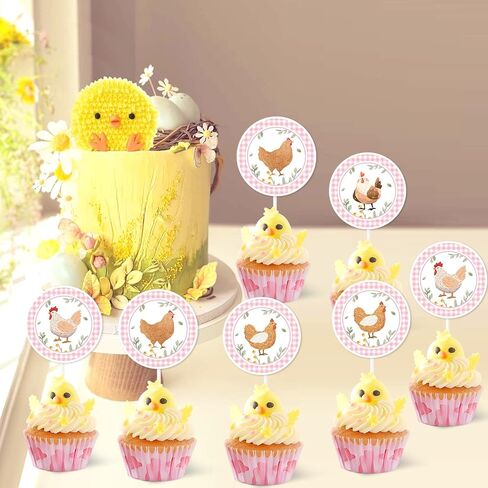 Cheereveal Chicken Birthday Party Decorations, 24pcs Chick Theme Cupcake Toppers Pink, Barnyard Farm Animal Theme Birthday Baby Shower Party Supplies for Girls in Saudi Arabia