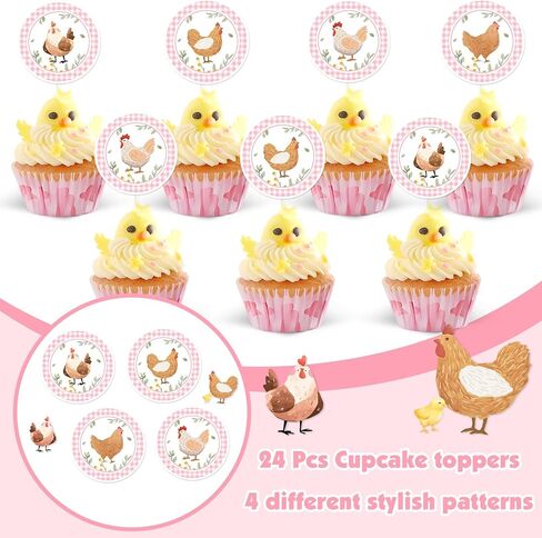 Cheereveal Chicken Birthday Party Decorations, 24pcs Chick Theme Cupcake Toppers Pink, Barnyard Farm Animal Theme Birthday Baby Shower Party Supplies for Girls in Saudi Arabia