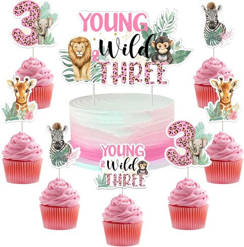 JOYMEMO 25Pcs Young Wild and Three Birthday Cake Decorations, Double Sided Wild 3rd Birthday Cake Topper Cupcake Toppers for Girl, Pink Jungle Safari Animal Theme Party Supplies in Saudi Arabia