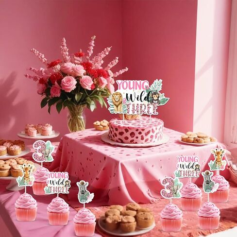 JOYMEMO 25Pcs Young Wild and Three Birthday Cake Decorations, Double Sided Wild 3rd Birthday Cake Topper Cupcake Toppers for Girl, Pink Jungle Safari Animal Theme Party Supplies in Saudi Arabia