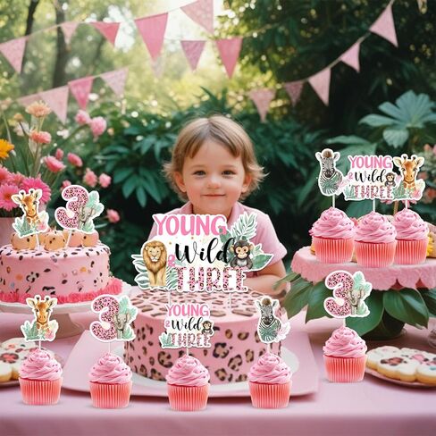 JOYMEMO 25Pcs Young Wild and Three Birthday Cake Decorations, Double Sided Wild 3rd Birthday Cake Topper Cupcake Toppers for Girl, Pink Jungle Safari Animal Theme Party Supplies in Saudi Arabia