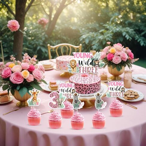JOYMEMO 25Pcs Young Wild and Three Birthday Cake Decorations, Double Sided Wild 3rd Birthday Cake Topper Cupcake Toppers for Girl, Pink Jungle Safari Animal Theme Party Supplies in Saudi Arabia