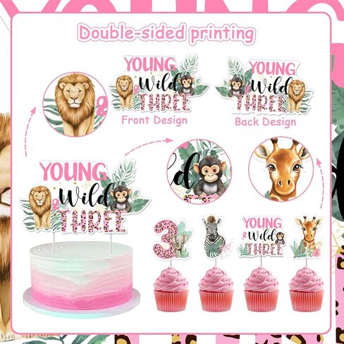 JOYMEMO 25Pcs Young Wild and Three Birthday Cake Decorations, Double Sided Wild 3rd Birthday Cake Topper Cupcake Toppers for Girl, Pink Jungle Safari Animal Theme Party Supplies in Saudi Arabia