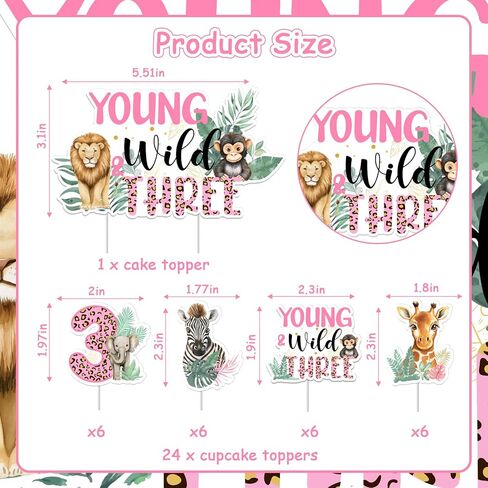 JOYMEMO 25Pcs Young Wild and Three Birthday Cake Decorations, Double Sided Wild 3rd Birthday Cake Topper Cupcake Toppers for Girl, Pink Jungle Safari Animal Theme Party Supplies in Saudi Arabia