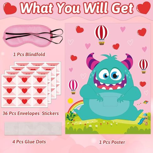 Valentine Day Games for Kids Pin The Heart on The Monster Valentine Games with 36 PCS Heart Stickers Valentines Day Party Games Classroom School Activities Family Kids Valentines Party Supplies in Saudi Arabia