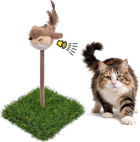 Interactive Cat Toy for Indoor Cats, Chirping Bird Cat Toy with Green Turf Base, Real Bird Sound and Feather Tail, Cats Exercise & Kicker to Self Play in Saudi Arabia