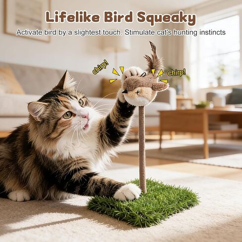 Interactive Cat Toy for Indoor Cats, Chirping Bird Cat Toy with Green Turf Base, Real Bird Sound and Feather Tail, Cats Exercise & Kicker to Self Play in Saudi Arabia