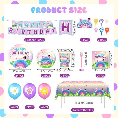 189pcs Cartoon Cat Theme Doll House Party Decorations Supplies - Include Tablecloth Balloons Banners Cake Topper Paper Plates Napkins Paper Cups for Birthday Baby Shower Serves 24 Guests in Saudi Arabia